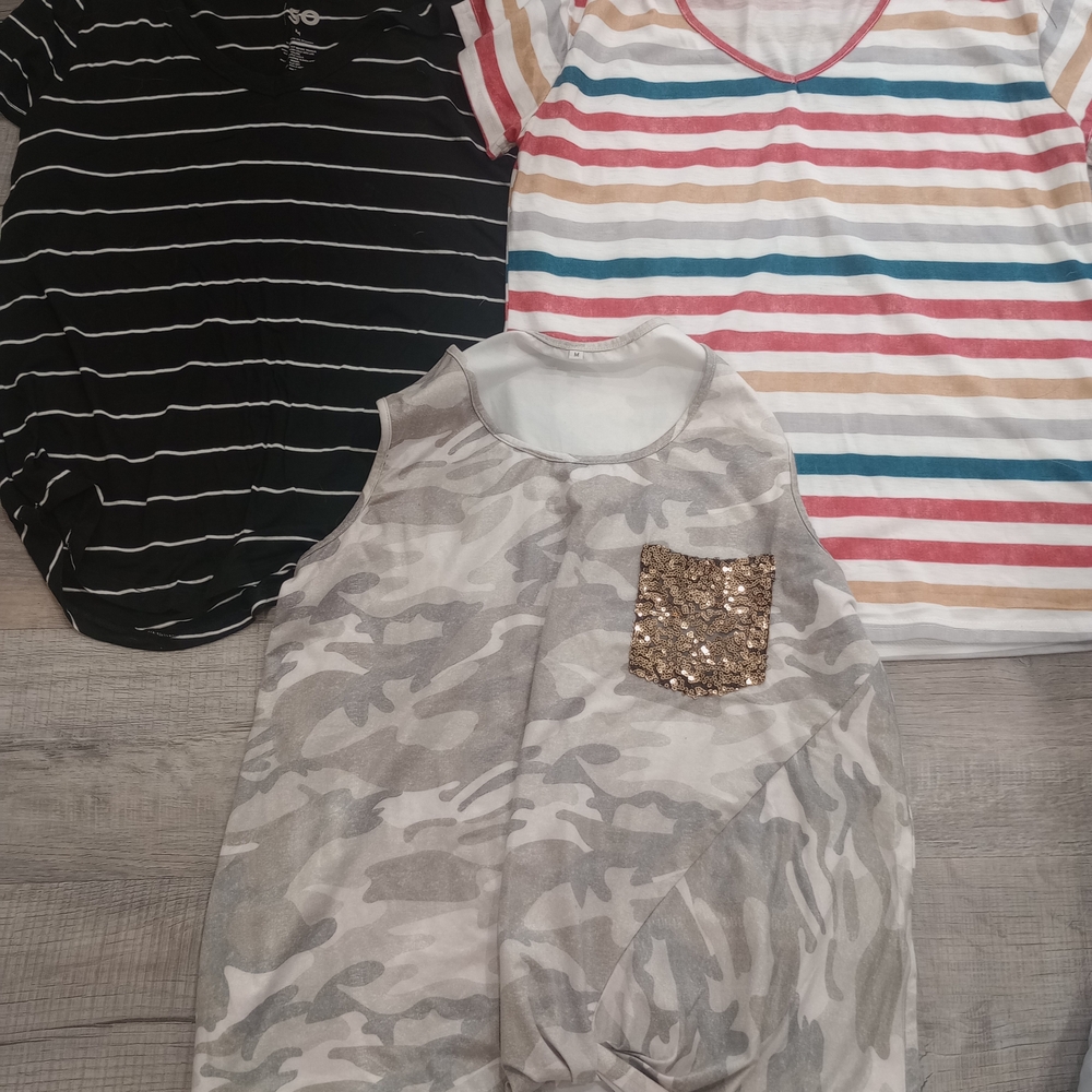 Striped and Camouflage Short Sleeve Tops Set